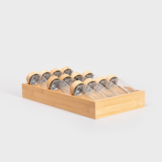 FORCINA Spice Jar Set in Bamboo Box | 12 Glass Jars 110ml