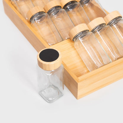 FORCINA Spice Jar Set in Bamboo Box | 12 Glass Jars 110ml