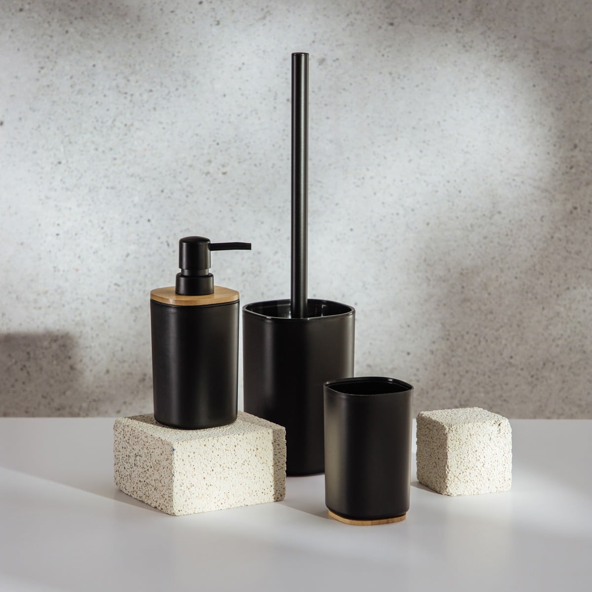 SALTI Black Bathroom Set with Dispenser, Cup, and Toilet Brush