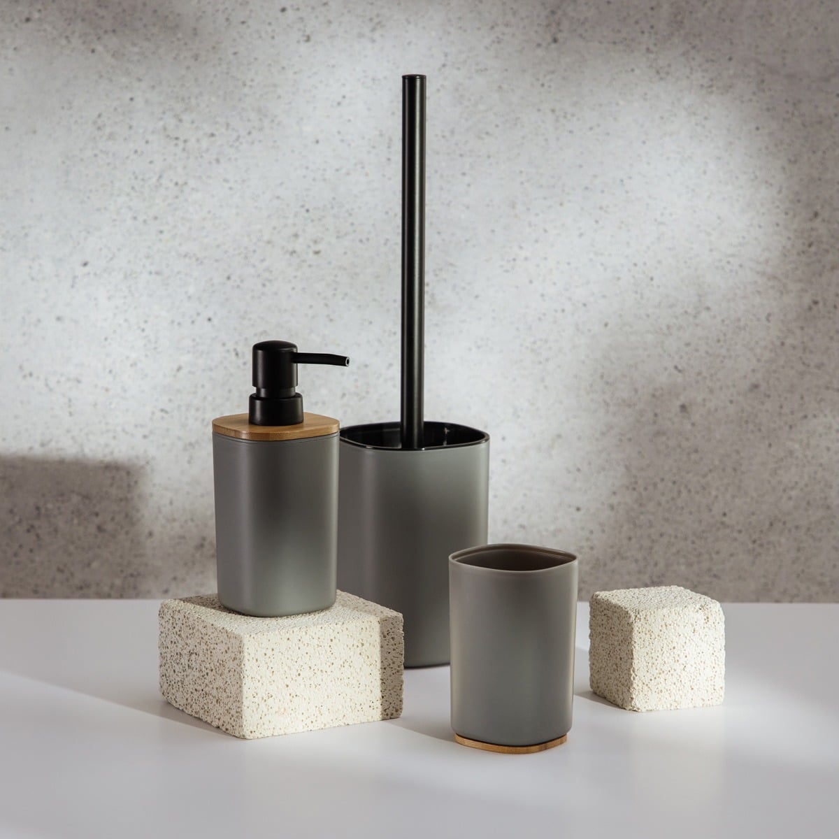 SALTI Bathroom Set Grey Dispenser Cup and Toilet Brush