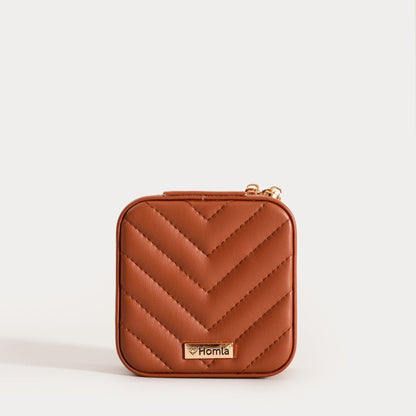 RINAS Small Brown Jewellery Box with Herringbone Stitching