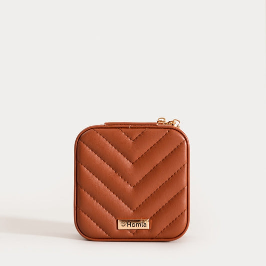 RINAS Small Brown Jewellery Box with Herringbone Stitching