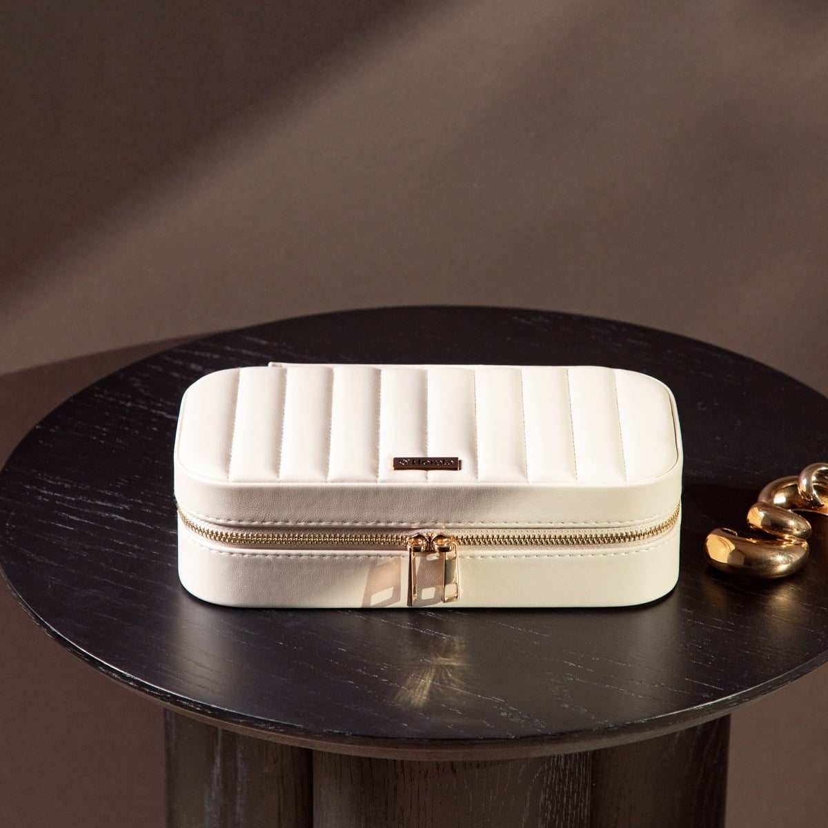 RINAS Beige Striped Jewelry Box with Mirror Large 20.5x10.5x6 cm