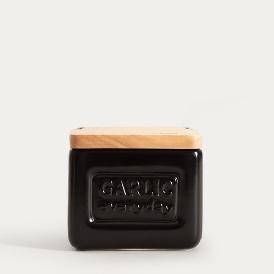 SYLAN Garlic Container Black - Ceramic Storage with Wooden Lid