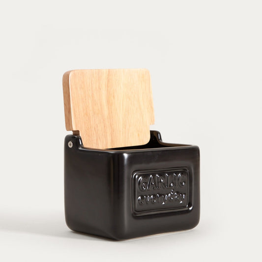 SYLAN Garlic Container Black - Ceramic Storage with Wooden Lid