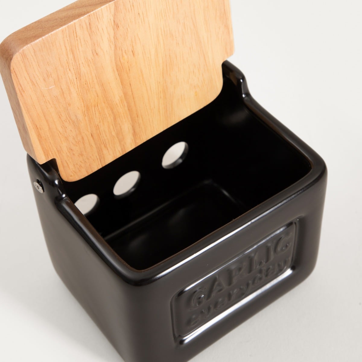 SYLAN Garlic Container Black - Ceramic Storage with Wooden Lid