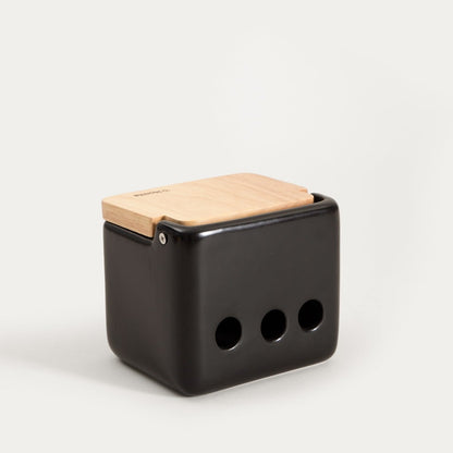 SYLAN Garlic Container Black - Ceramic Storage with Wooden Lid