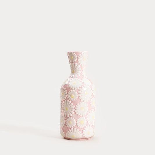 Wazon Bloomy Embossed Floral Vase 9.5x9.5x23.5cm Light Pink Ceramic