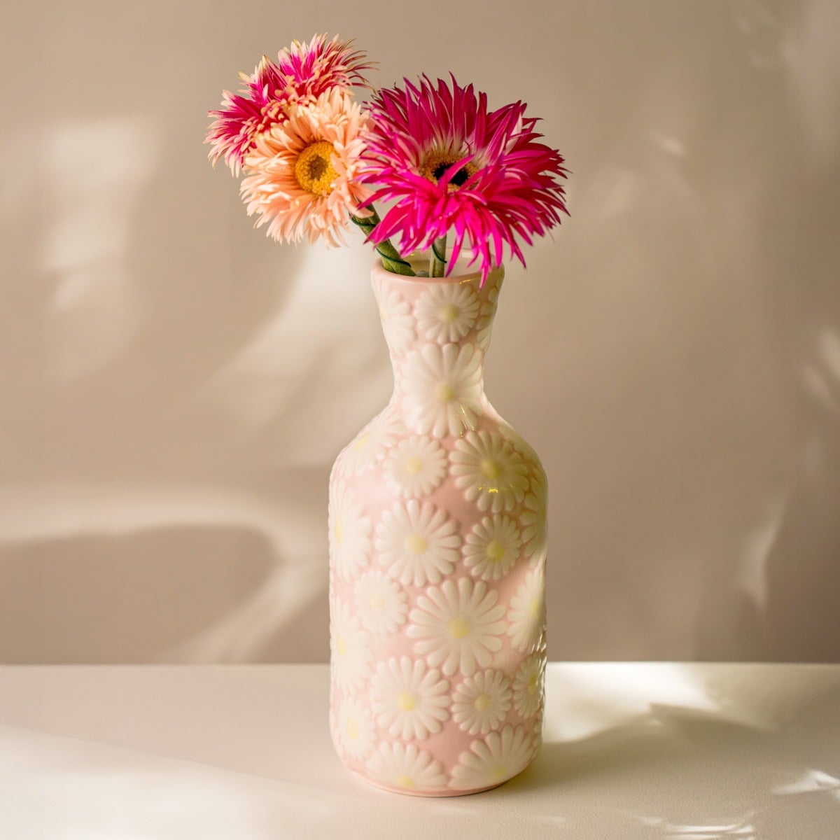 Wazon Bloomy Embossed Floral Vase 9.5x9.5x23.5cm Light Pink Ceramic