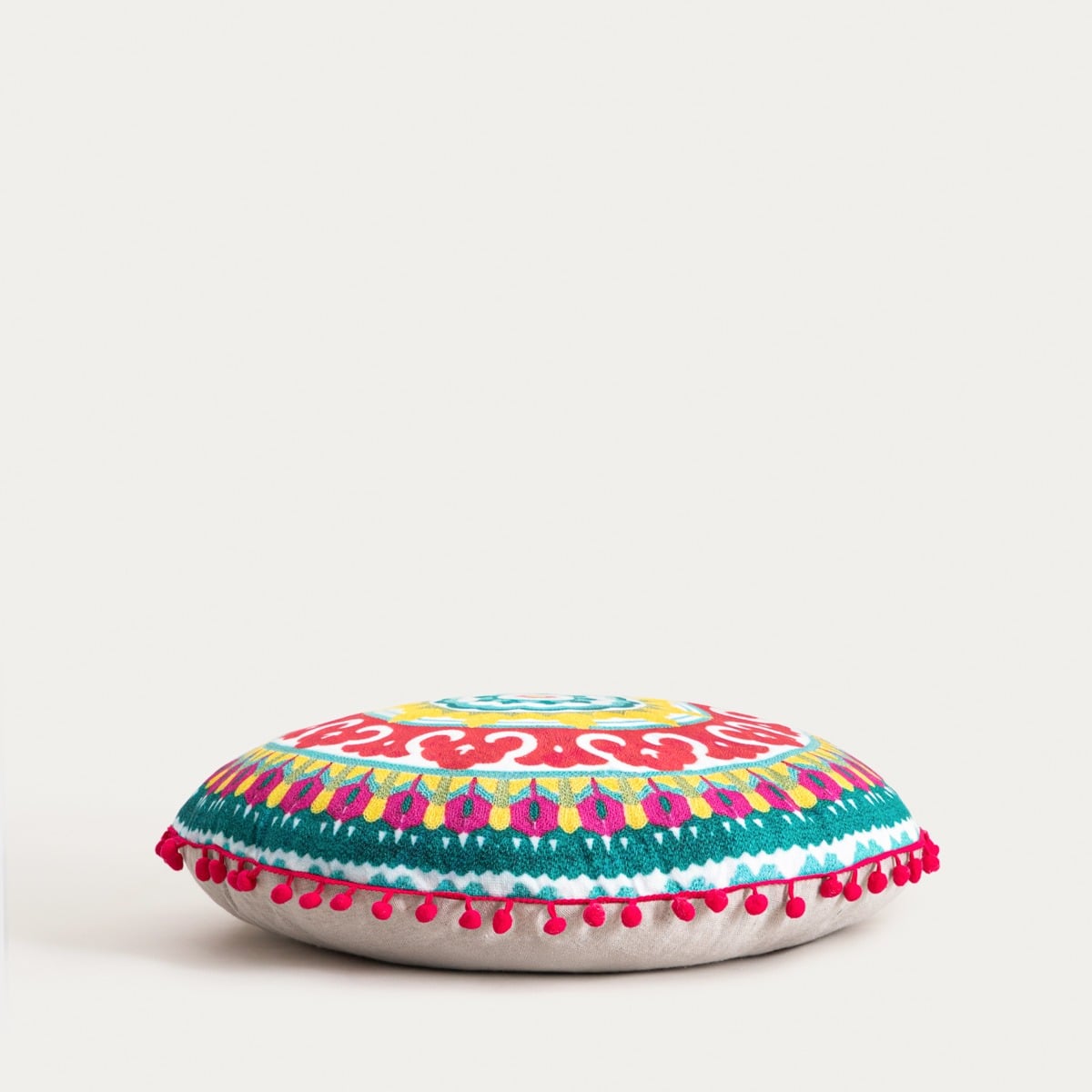 Poduszka CONSUELA Decorative Pillow with Colorful Floral Pattern and Pom-Poms 45cm