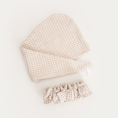 Beige Headband and Turban Set VAFFEL - 100% Cotton Waffle Texture