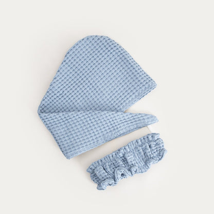 VAFFEL Blue Headband and Turban Set - Soft Cotton Bathroom Textiles