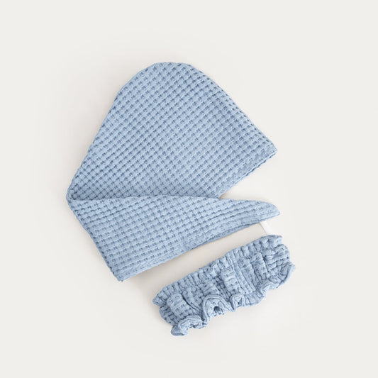 VAFFEL Blue Headband and Turban Set - Soft Cotton Bathroom Textiles
