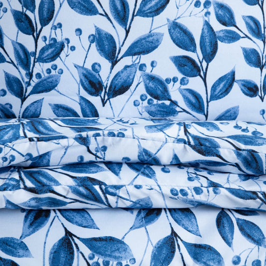 LUNA Microfibre Bedding Set in Blue Leaves 160x200 cm with 2 Pillowcases