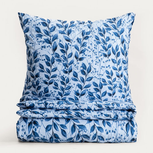 LUNA Microfibre Bedding Set in Blue Leaves for Double Bed