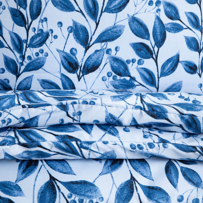 LUNA Microfibre Bedding Set in Blue Leaves for Double Bed