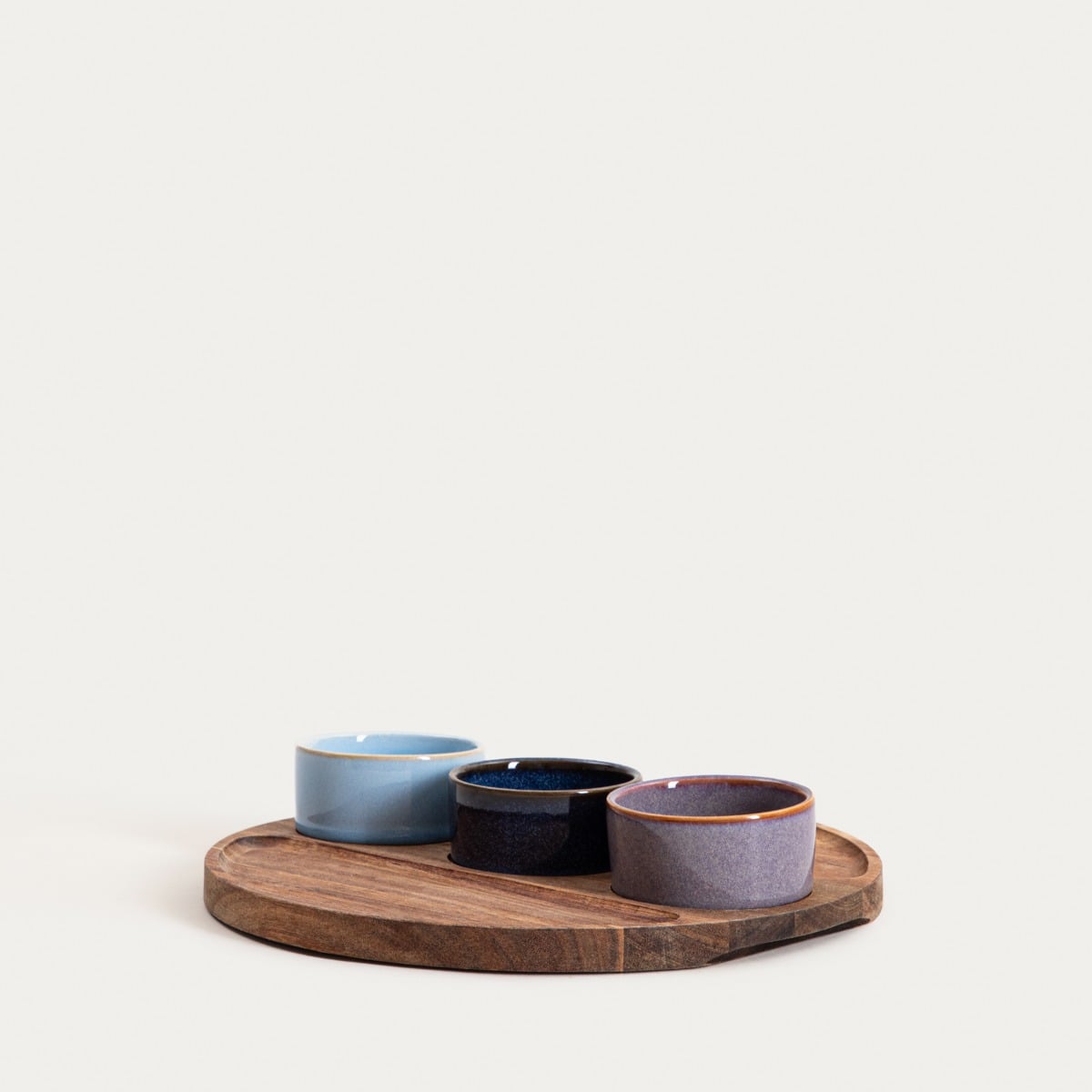 RAMBLA Ceramic Serving Bowl Set with Wooden Tray - 4 Pieces