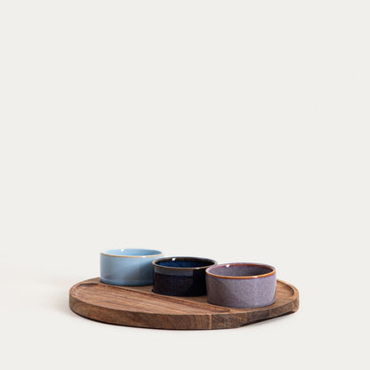 RAMBLA Ceramic Serving Bowl Set with Wooden Tray - 4 Pieces