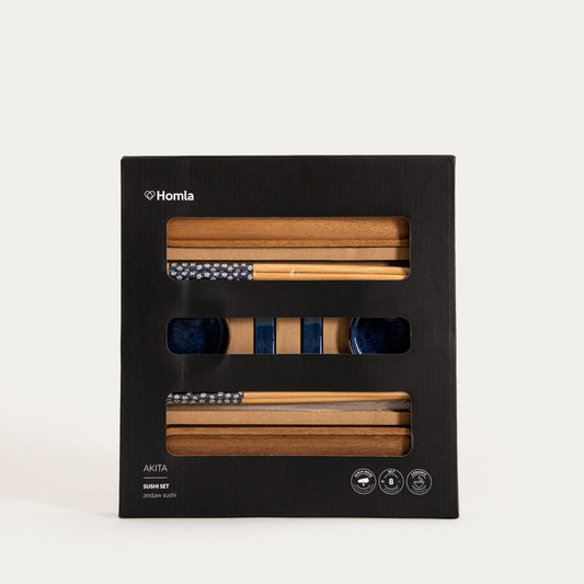 Akita Sushi Serving Set with Pomegranate Bowls and Acacia Boards