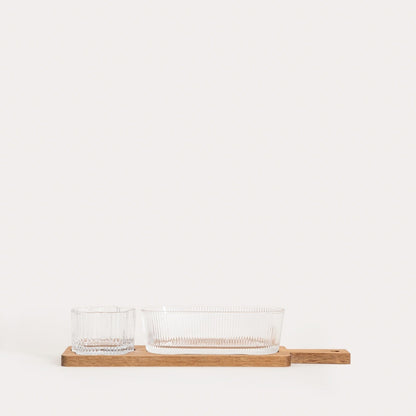 GIBARA Serving Set on Acacia Stand with Glass Bowls - 3 Piece