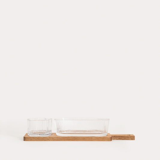GIBARA Serving Set on Acacia Stand with Glass Bowls - 3 Piece