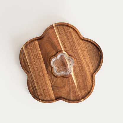 GIBARA Flower-Shaped Wooden Serving Board with Glass Bowl 30 cm