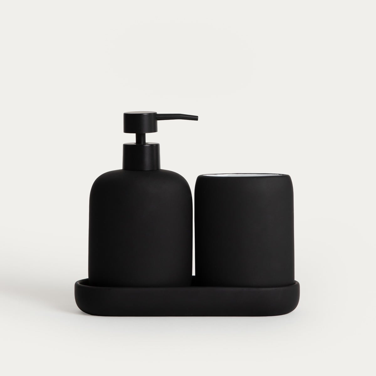 LINEA MAT Bathroom Set - Dispenser, Cup & Tray Matte Black