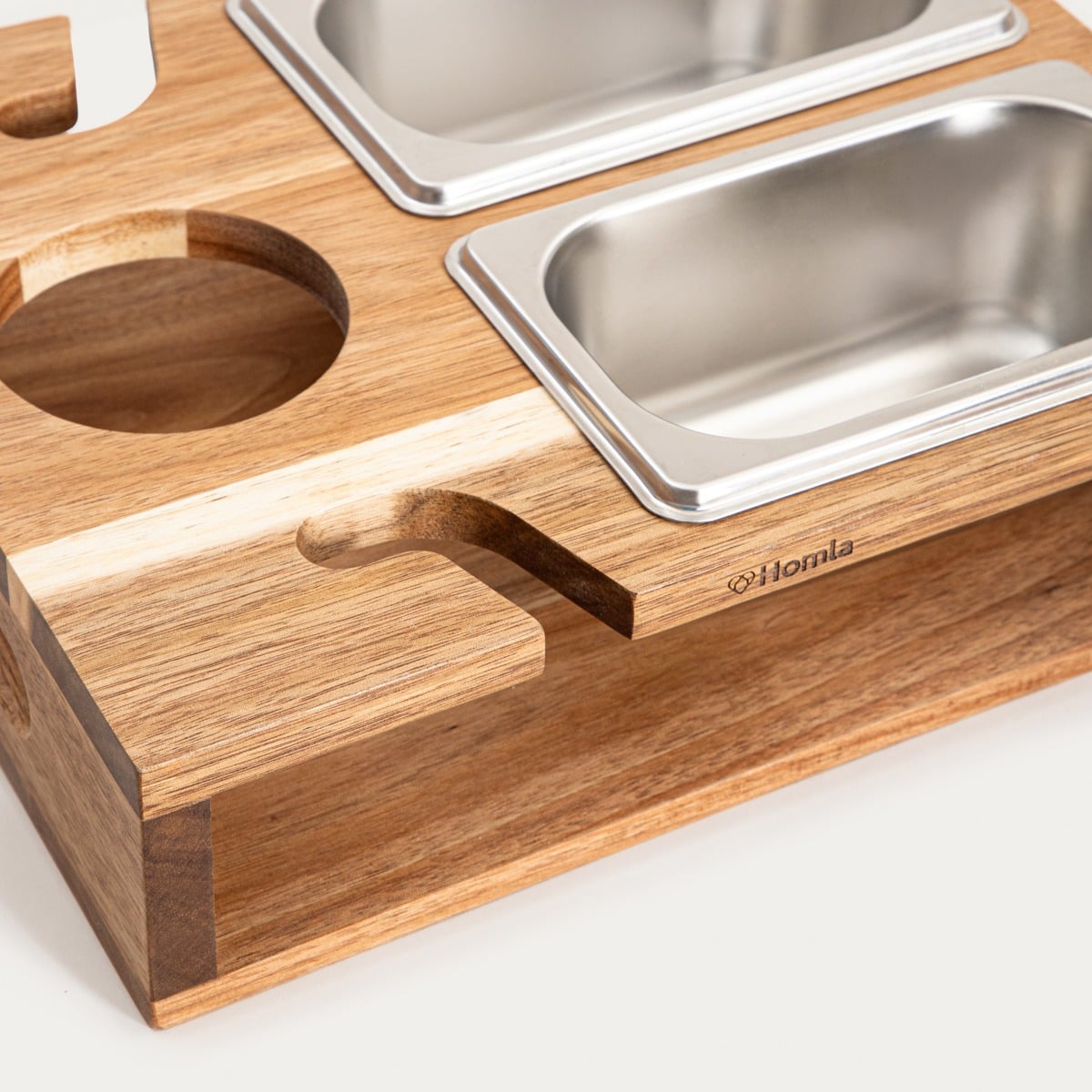 EDMORE Serving Set 31x25 cm with Wooden Base and Stainless Steel Bowls