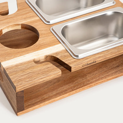 EDMORE Serving Set 31x25 cm with Wooden Base and Stainless Steel Bowls
