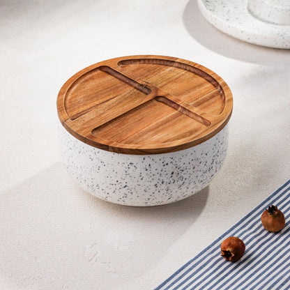 CAVIANO Round Ceramic Bowl with Acacia Wood Lid 24x13.5 cm