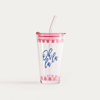 EMBO SUMMER Glass Pink 0.4L with Lid and Straw
