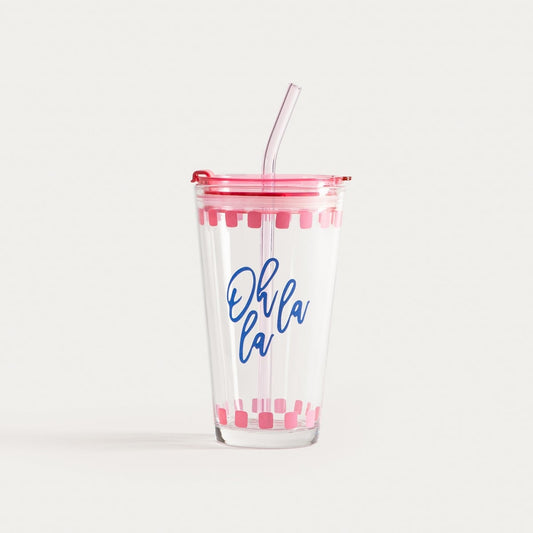 EMBO SUMMER Glass Pink 0.4L with Lid and Straw