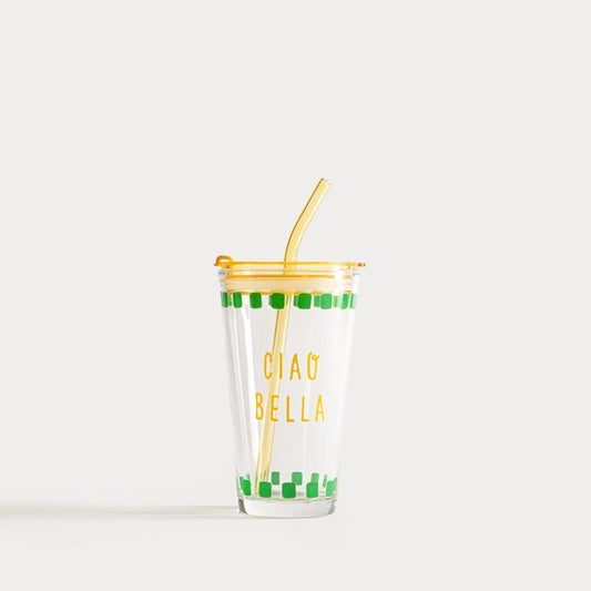 EMBO SUMMER Glass Yellow 0.4L with Lid and Straw