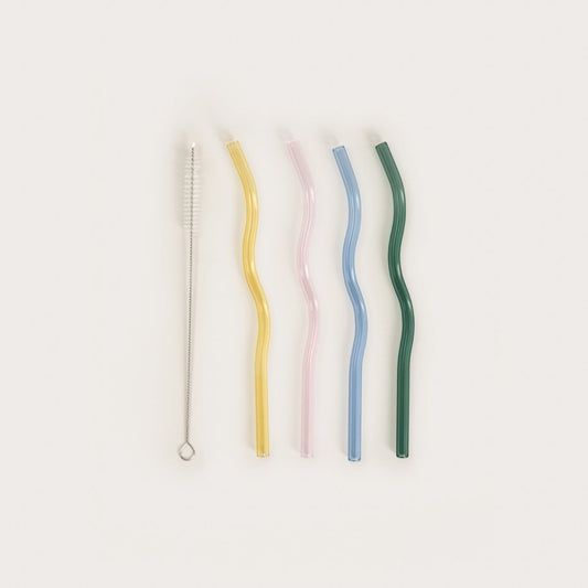 Set of RITHI SUMMER Colored Glass Straws with Cleaner - 5 Pieces