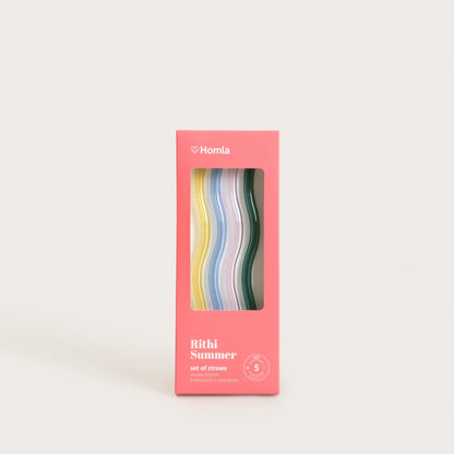 Set of straws RITHI SUMMER Colored Glass Straws Set with Cleaner - 5 Pieces