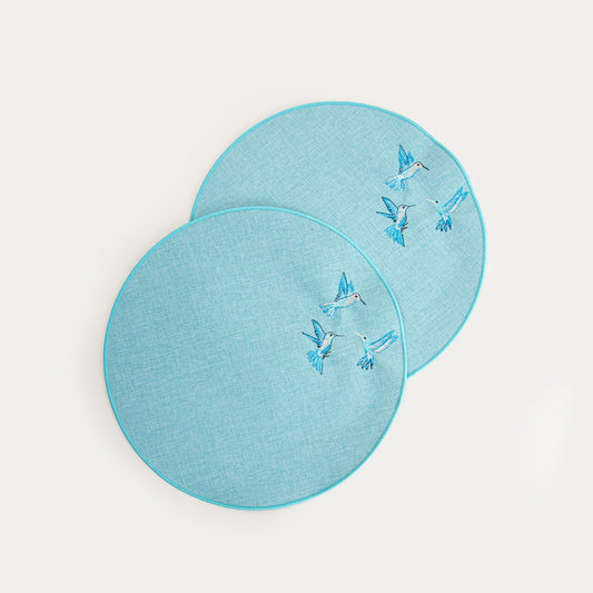 ISOLINA Table Mats with Embroidered Hummingbirds, Set of 2, 38cm