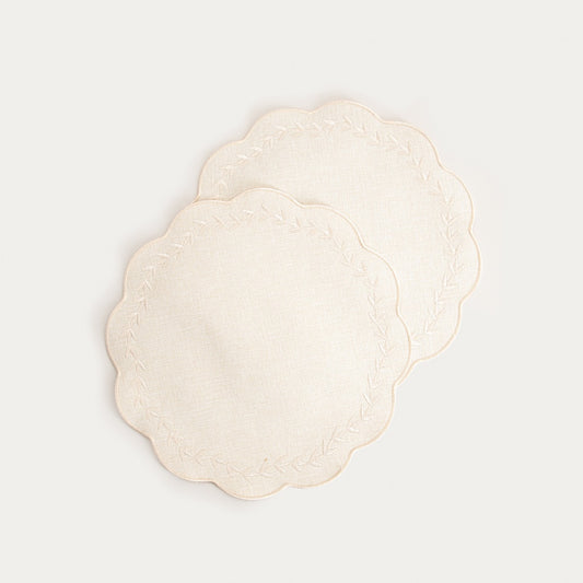 RAMINE Ecru Table Mats with Decorative Embroidery, Set of 2, 38cm
