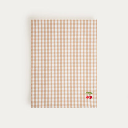 ABRIL Beige Checkered Table Runner with Cherry Blossom Embroidery 40x160 cm