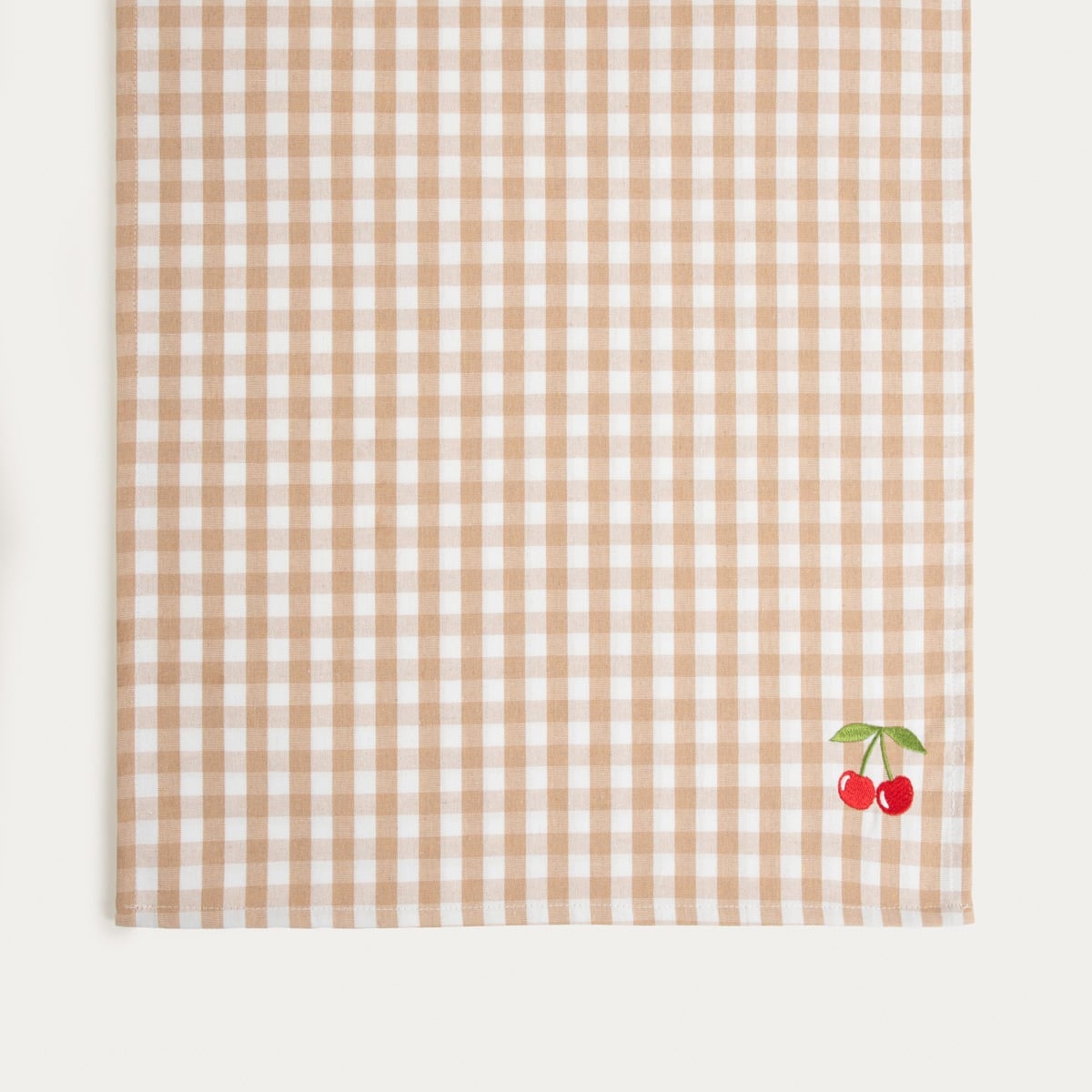 ABRIL Beige Checkered Table Runner with Cherry Blossom Embroidery 40x160 cm