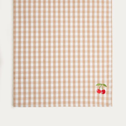 ABRIL Beige Checkered Table Runner with Cherry Blossom Embroidery 40x160 cm