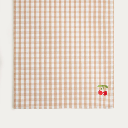ABRIL Beige Checkered Table Runner with Cherry Blossom Embroidery 40x160 cm