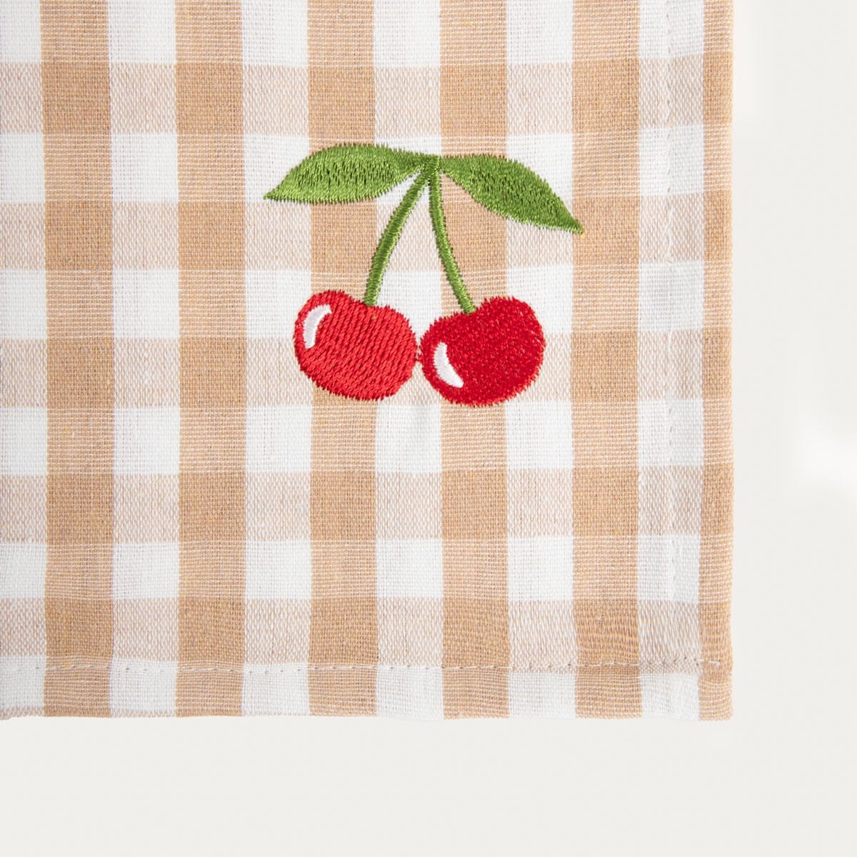 ABRIL Beige Checkered Table Runner with Cherry Blossom Embroidery 40x160 cm
