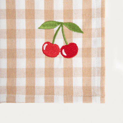 ABRIL Beige Checkered Table Runner with Cherry Blossom Embroidery 40x160 cm