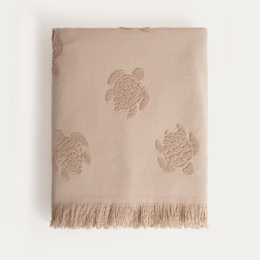 MAREA Beige Beach Towel with Turtle Embroidery 100x150 cm