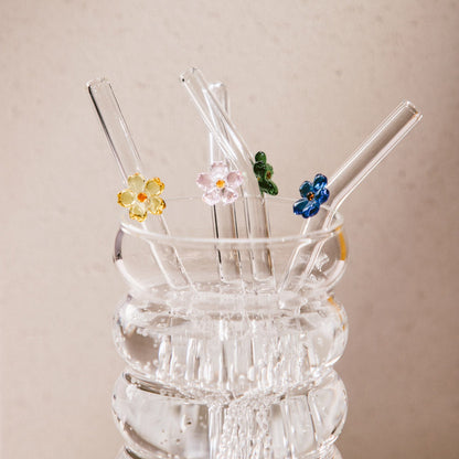 Set of straws BLANCA Set of 4 Glass Straws with Coloured Flowers