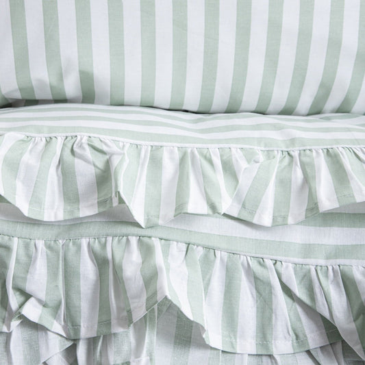 TRUDY Pistachio Striped Cotton Duvet Set with Frill 160x200 + 2x70x80 cm