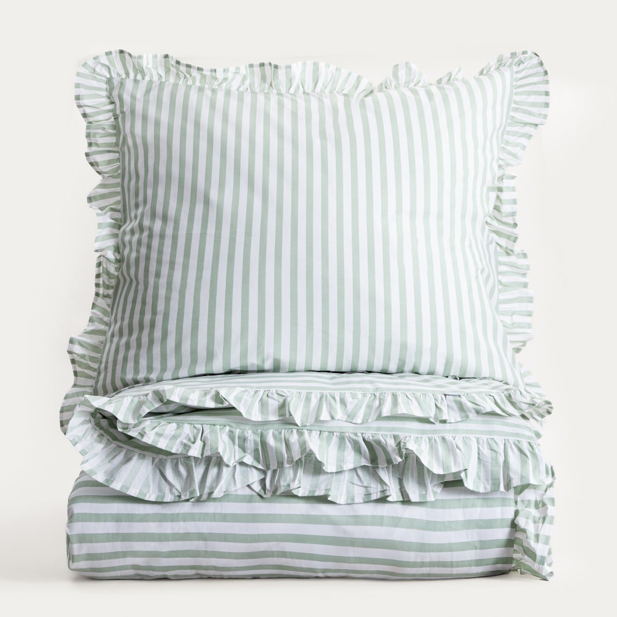 Trudy Pistachio Striped Cotton Duvet Set with Frill 220x200 cm