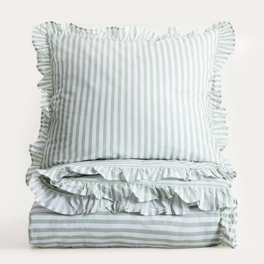 Trudy Pistachio Striped Cotton Duvet with Frill 140x200 + 70x80 cm