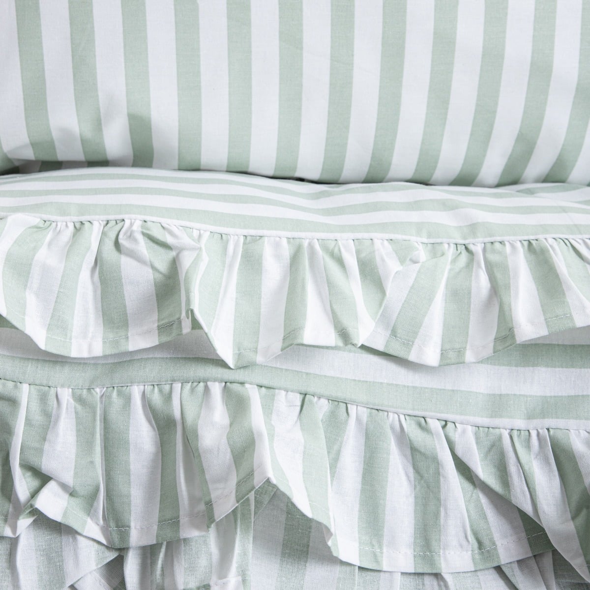 Trudy Pistachio Striped Cotton Duvet with Frill 140x200 + 70x80 cm