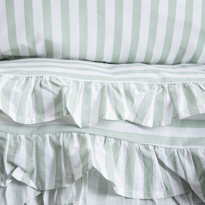 Trudy Pistachio Striped Cotton Duvet with Frill 140x200 + 70x80 cm